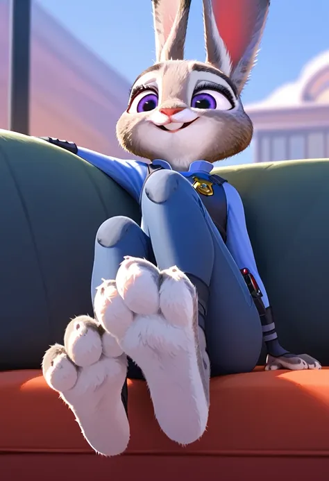 solo, score_9,score_8_up score_7_up, anthro, female, judy hopps, rabbit, smiling, sitting on couch, laying down, close up, three...