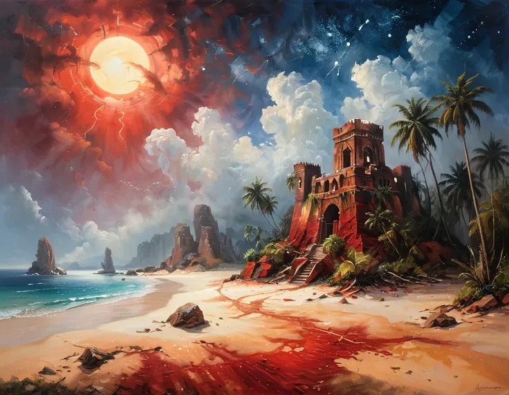 arafed, an oil painting of an island of mystery, an island of enigma, an island of secrecy, there some palm trees, white and red...