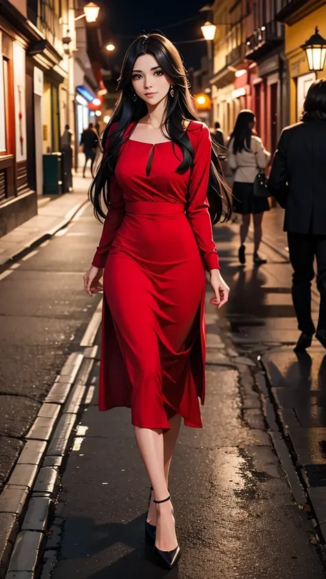 beautiful black-haired girl with brown eyes and long hair wearing sexy red dress walking through the streets of quito at night