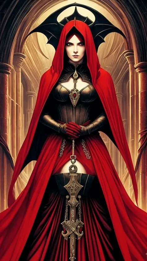 a poster of a woman in a red cloak and a red cape, poster art by Jorge Jacinto, Artstation, gothic art, goddess of death, queen of death, saturno butto. occult art, tarot card goddess of death, martin ansin, persephone as goddess of death, in style of dark...