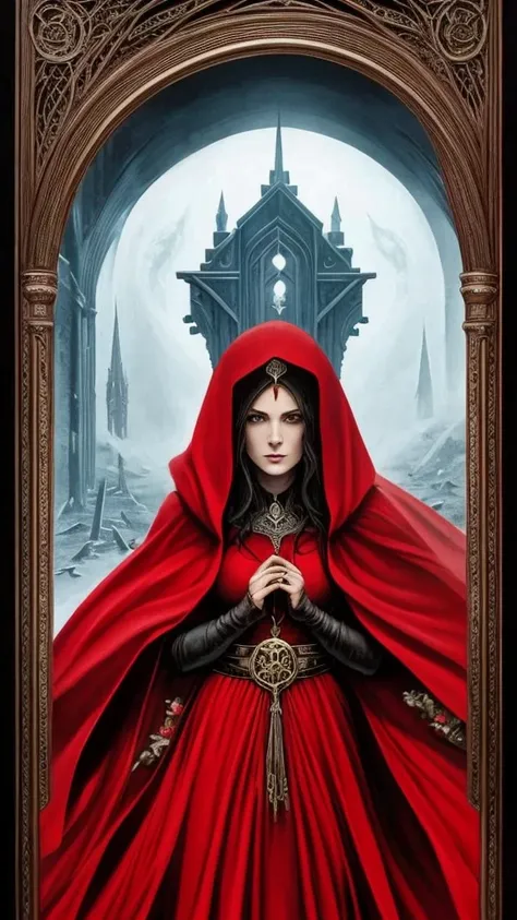 a poster of a woman in a red cloak and a red cape, poster art by Jorge Jacinto, Artstation, gothic art, goddess of death, queen of death, saturno butto. occult art, tarot card goddess of death, martin ansin, persephone as goddess of death, in style of dark...