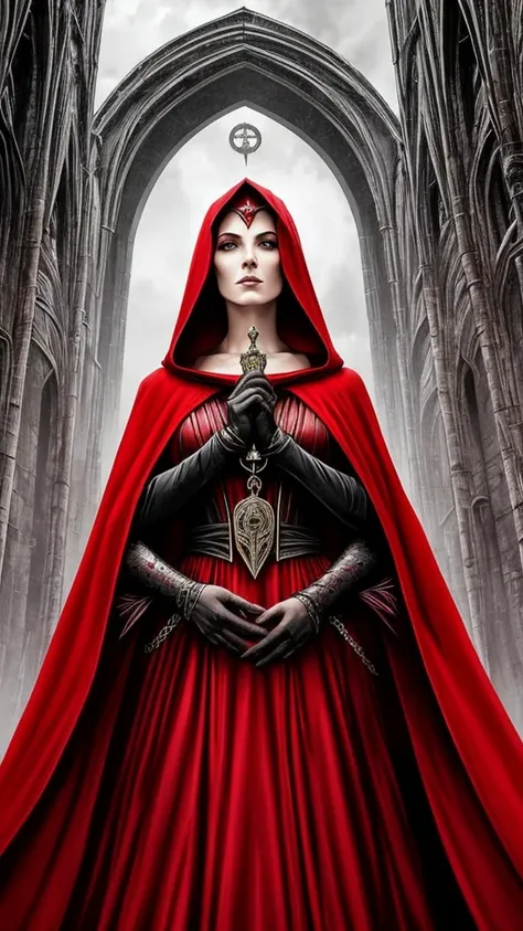 a poster of a woman in a red cloak and a red cape, poster art by Jorge Jacinto, Artstation, gothic art, goddess of death, queen of death, saturno butto. occult art, tarot card goddess of death, martin ansin, persephone as goddess of death, in style of dark...