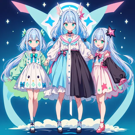 1girl、Star Fairy、Star incarnation、Character design front view、A picture facing the viewer、Cute original black and magenta clothes、(((Super detailed、Highest quality、Masterpiece)))、Original cute hairstyle、Milky white and blue hair color、Simple Green Backgrou...