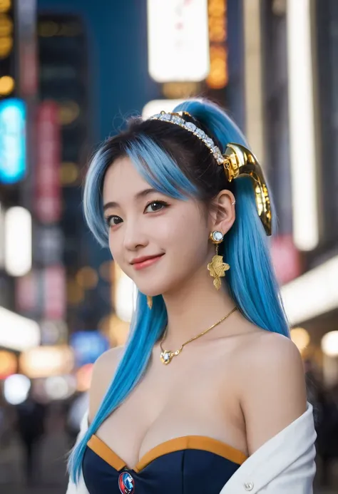 (masterpiece, best quality;1.3), Extremely detailed ,Extremely detailed,  1 Girl,Solitary,  Double tail,  Large Breasts, Smile, Gundam(rx78), Science fiction, Mecha, , Blue Hair, Solitary, Hair accessories, Long hair, Double tail, Golden Eyes, Jewelry, ear...