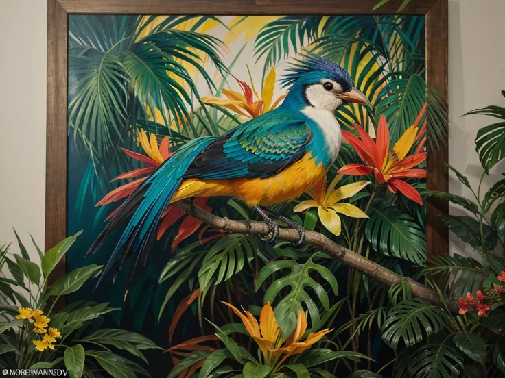 painting of a bird of paradise sitting on a branch with flowers, painting of a cendrawasih, detailed painting 4 k, full of colors and rich detail, beautiful art uhd 4 k, beautiful painting of a tall, colorful bird with a long, artistic 4 k, detailed 4 k oi...