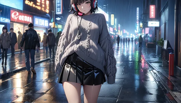 8k，masterpiece，Highest quality），Hyper Detail，Realistically，Highly detailed face、pupil(((Blank look)))City lights at night，Ray Tracing， heavy rain，Short black hair、((Large knit、skirt))Slim and beautiful thighs、Rain-soaked clothes，Written boundary depth ，cin...