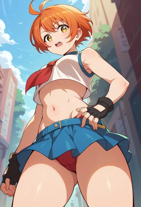 From below,Hoshizora rin, orange hair, yellow eyes ,short hair, bangs, , crop top, red neckerchief,blue micro skirt, fingerless gloves, thighs, standing, cowboy shot,in street ,red panties 