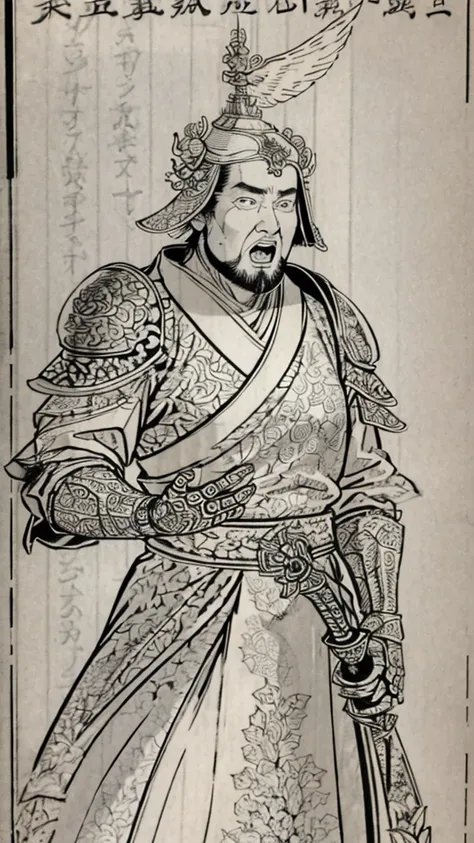 (((Monochrome)))、(((Man with open mouth)))、（（Men in ancient China））、（Ink Painting）、Highest quality、masterpiece、Ultra-high resolution、(Realistic:1.4)、Game Poster、Three bearded men of the kingdom,Oriental、As seen in the Romance of the Three Kingdoms々military...