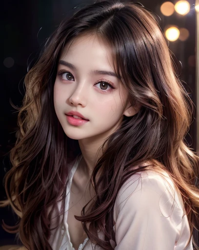  Strong jawline, piercing brown eyes, luscious lips, confident expression with a hint of sassiness, long dark hair with subtle waves, and a nose ring, baby pink background, Dramatic lights, with blackpink rose face resemblance, wearing a black and white be...