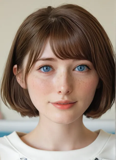 maxine_caulfield_byamp, one girl, brown hair, short hair, blue eyes, freckles,photograph, portraiture, score_9, score_8_superior...