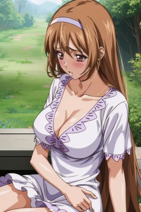 ayumumo, one girl, alone, hair band, meanwhile, white dress, dress lift, spilled breasts、sitting, blush, lips parted, cleavage, ...