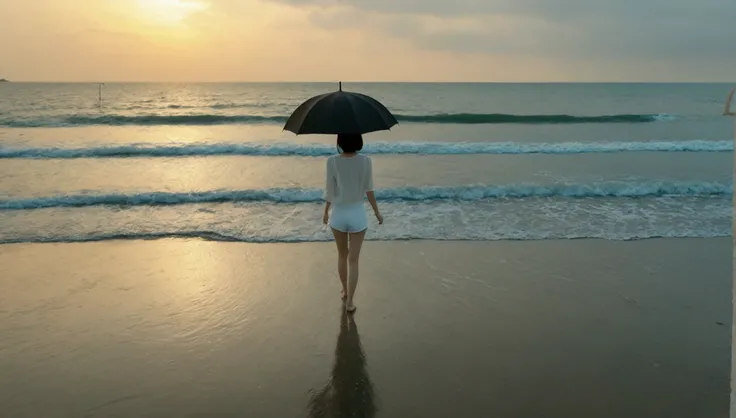 8k, Vivid picture quality, Vivid picture quality, long deserted beach, walking slowly from afar, short medium hair, beautiful appearance, Model-like body, sunset의 붉은 빛, sunset, alone, afternoon, depressed, tide가 밀려온다, rain, black umbrella, ocean, tide, win...