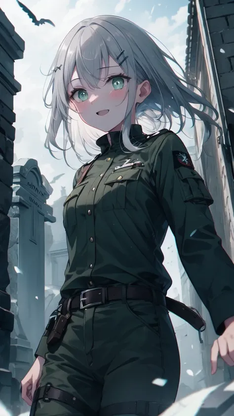 (8K, best quality, master piece: 1.3),super high resolution,1 girl, solo, cowboy shot ,ultra-detailed face, silme, (silver gray hair), thin hair clip, cyan colorshift eyes, expressive eyes, Ecstatic expression, Military style, nylon, cotton, camouflage, kh...