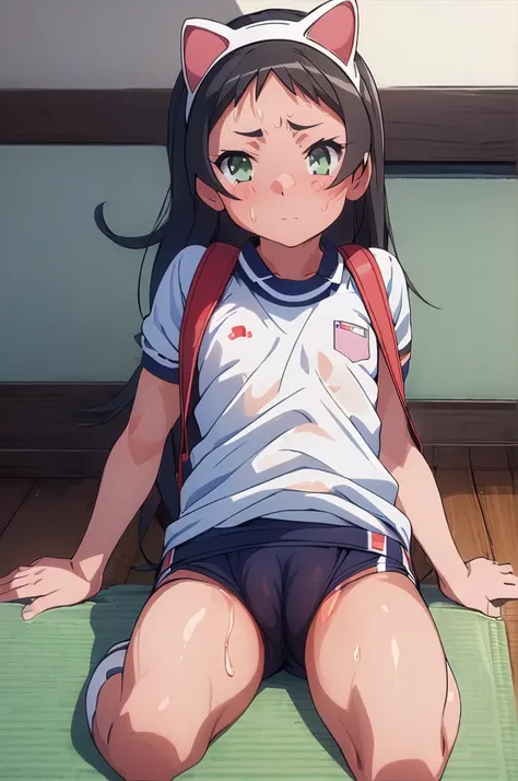 masterpiece, ultra quality, ultra sharp, ultra detailed, 1girl, solo, (((good anatomy))), haduki kurumi, shiny skin, (tattered torn dripping wet white gym shirt), navy gym pants, animal ears, randoseru, name tag, Japanese anime pose, laugh, BurumaShorts, B...