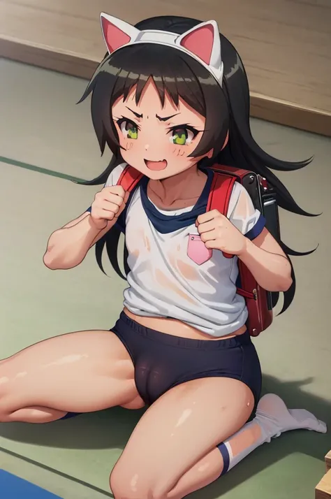 masterpiece, ultra quality, ultra sharp, ultra detailed, 1girl, solo, (((good anatomy))), haduki kurumi, (tattered torn dripping wet white gym shirt), navy gym pants, animal ears, randoseru, name tag, Japanese anime pose, laugh, BurumaShorts, Buruma, Gym U...