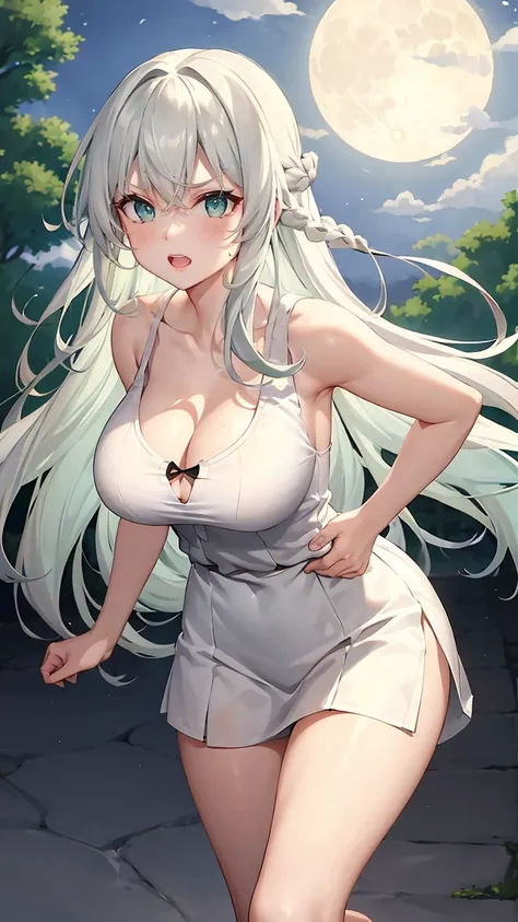 girl with long green hair,inner color and white hair、 beautifully shaped breasts with tension, green eyes, moonlight、moonlight、、...