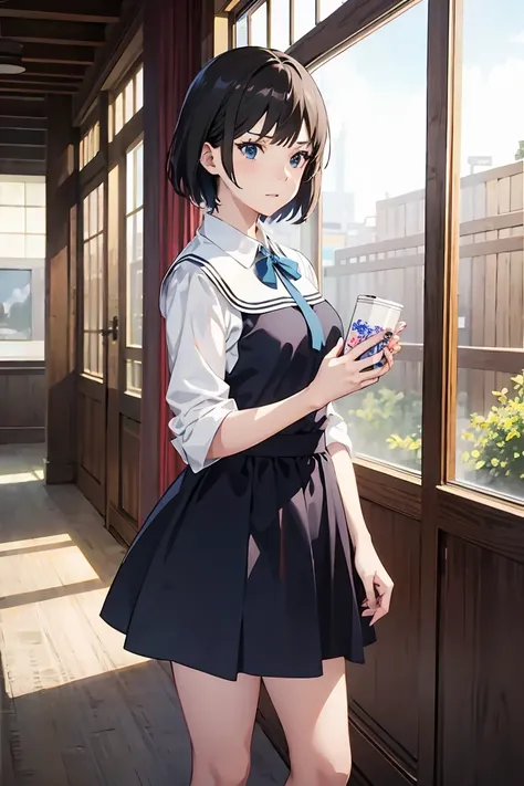 anime girl in blue dress standing in front of a window, kyoto animation still, female protagonist 👀 :8, kyoto animation key visual, official anime still, official studio anime still, makoto shinka, rin, anime visual of a young woman, marin kitagawa fanart,...