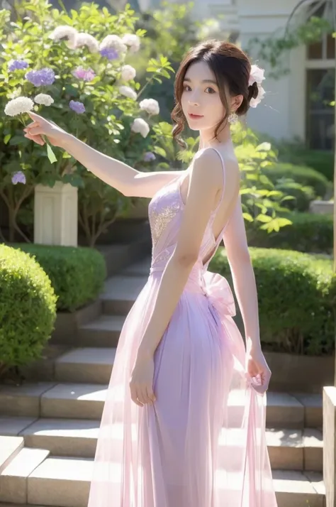 live-action、4k、beautiful women in their 30s。lavender-colored crystal-like texture、a long, transparent dress that lets you see yo...