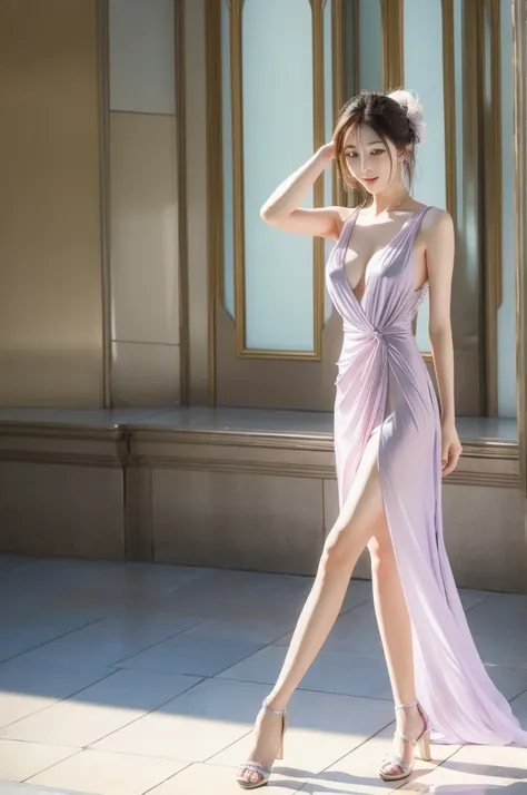 live-action、4k、beautiful women in their 30s。lavender-colored crystal-like texture、a long, transparent dress that lets you see yo...