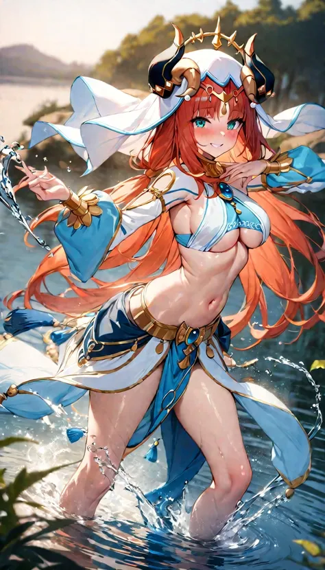 (((best quality)), ((masterpiece)), (details), masterpiece, best quality, high quality, ulutra detailed, perfect face,Shiny Hair、Glowing Skin、blush、nilou、whole body、Dancer、lake、Splash、dance、smile、Sideboob、Underboob、nilou,1girl,独奏,horns,Veil,navel,