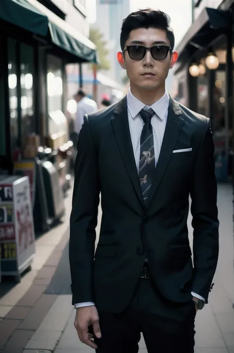 xh,necktie,formal,sunglasses,shirt,suit,multiple boys,pants,male focus,black necktie,jacket,blurry background,blurry,black pants...