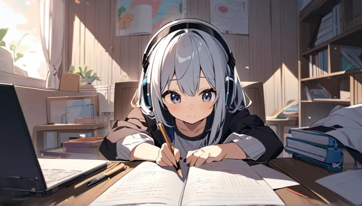 A cute girl is studying on her notebook in her room while wearing headphones。The room is cluttered and the entire desk is visible.