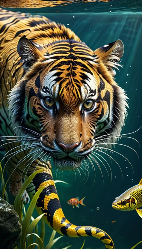 there is a creature in the water，tiger's head，fish body，snake tail(best quality，4k，8k，high level，masterpiece：1.2），ultra detailed...