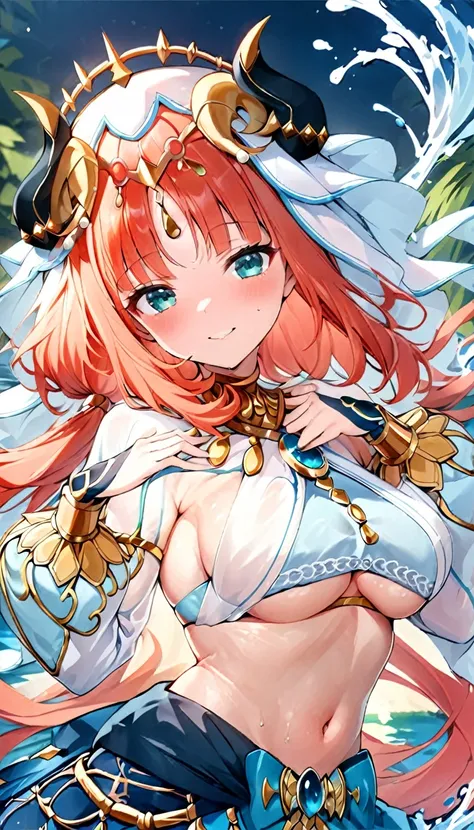 (((best quality)), ((masterpiece)), (details), masterpiece, best quality, high quality, ulutra detailed, perfect face,Shiny Hair、Glowing Skin、blush、nilou、whole body、Dancer、lake、Splash、dance、smile、Sideboob、Underboob、whole body、nilou,1girl,独奏,horns,Veil,nave...