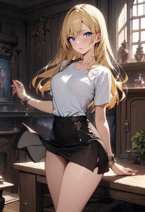 1girl, dancer (final fantasy),blonde hair,one length hair,blue eyes, final fantasy,shirt,skirt,room,masterpiece, best quality, absurdres,cowboy shot