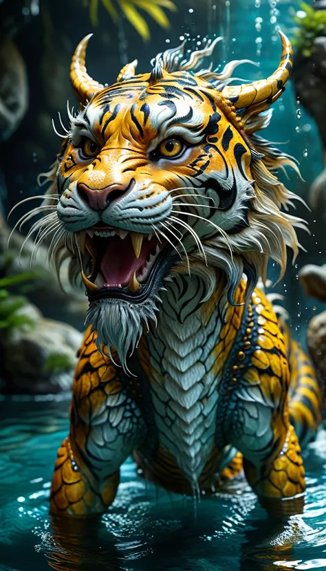 There is a creature in the water，Tigers head，Chinese dragon body(best quality，4K，8k，High level，masterpiece：1.2），Ultra Detailed，（lifelike，Photo real，Photo real：1.37），Highly detailed animals，Complex patterns，Realistic lighting，Fantasy Creatures