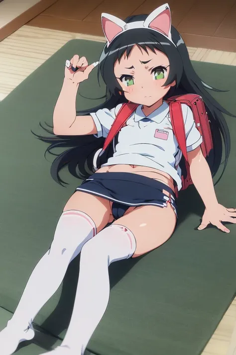 masterpiece, ultra quality, ultra sharp, ultra detailed, 1girl, solo, (good anatomy), haduki kurumi, (tattered torn dripping wet white gym shirt), navy gym pants, animal ears, randoseru, name tag, Japanese anime pose, laugh, BurumaShorts, Buruma, Gym Unifo...