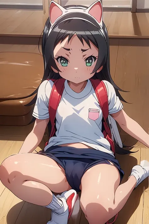 masterpiece, ultra quality, ultra sharp, ultra detailed, 1girl, solo, (((good anatomy))), haduki kurumi, (shiny skin), (tattered torn dripping wet white gym shirt), navy gym pants, animal ears, randoseru, name tag, Japanese anime pose, laugh, BurumaShorts,...