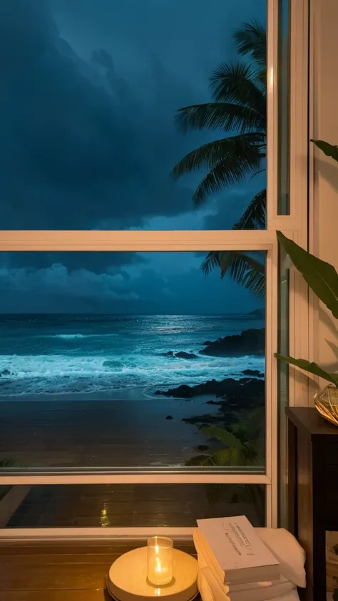 Rainy scenery seen from a tropical window　Beach view from the window　Night view