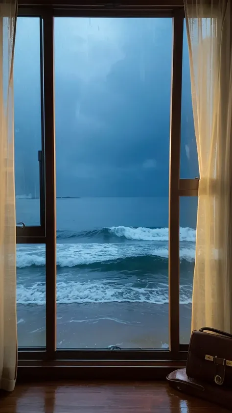 Rainy scenery seen from a tropical window　Beach view from the window　Night view