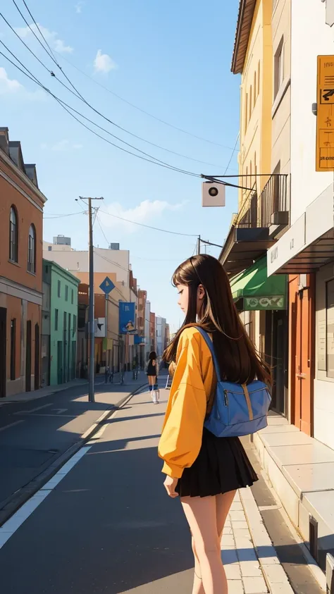 Walking around town,Sleeping while walking,beautiful girl,Distant View,Side view, UHD Portrait, (high quality) (Super detailed) ,Female High School Students,uniform, colorful, Long hair in color 🌈