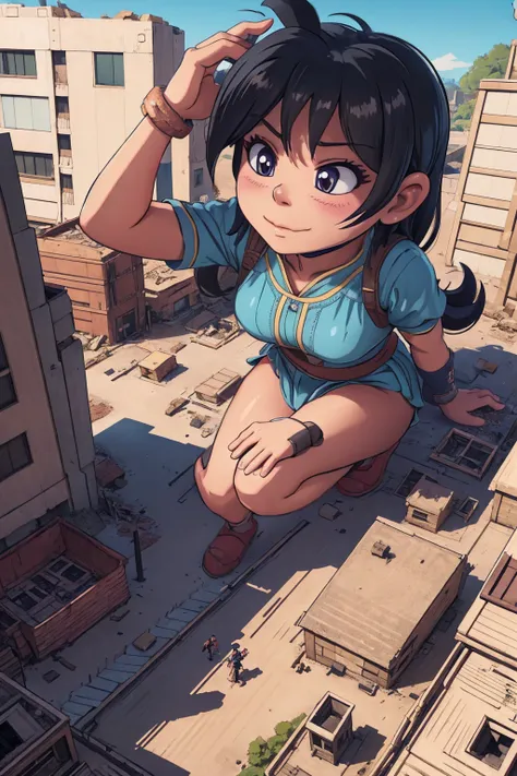 giantess、giant woman、smile、迫力のあるlow - angle、walk、adult women、anime、エロanime、変態anime、nude、sunset、blush、black hair、steam、urban area...