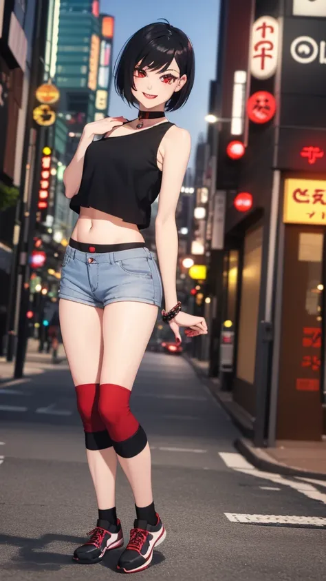 1 girl, red eyes, very Short hair, black choker, lipstick , smile, black hair, tomboy Pixie haircut, shorts, long socks, white bandeau, belly, medium breast, pants, cowboy shot, Tokyo street background, yu-gi-oh anime style