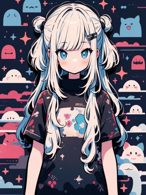 high quality、neonカラーパレット、High-level image quality、Cool girl、Long Bangs、I can&#39;t see、Unprecedented volume、Anime Style、Sticker Style、short hair、Gray Hair、Blue Eyeessy Hair、Menhera、bandage、Loose-fitting clothing、Baggy T-shirt、self-injurious behavior、Gross、...