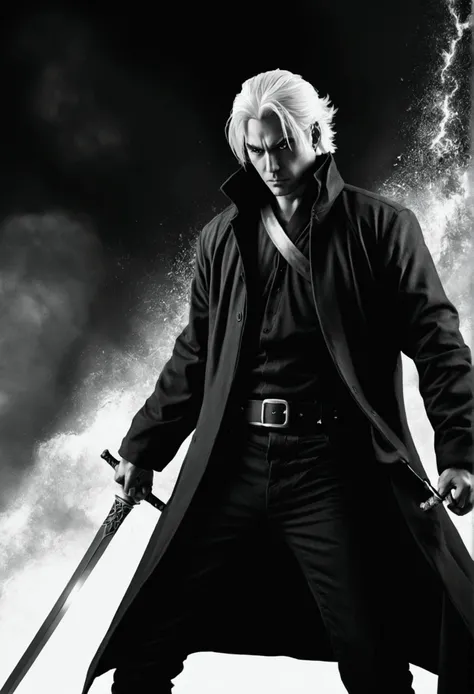 A man, evil, dark coat, white haired, holding sword, explosive self, manga single panel, black and white, no bubble text