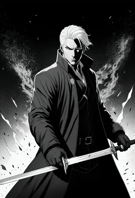 A man, evil, dark coat, white haired, holding sword, explosive self, manga single panel, black and white, no bubble text