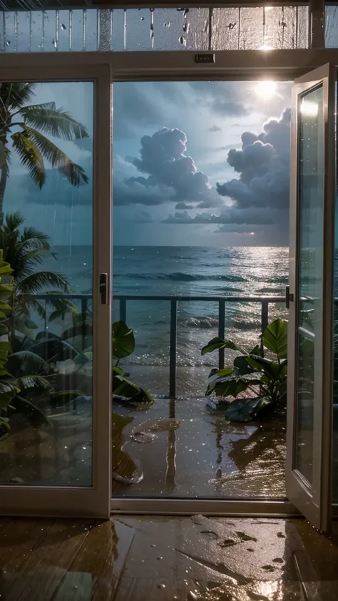 Rainy scenery seen from a tropical window　Beach view from the window　Night view