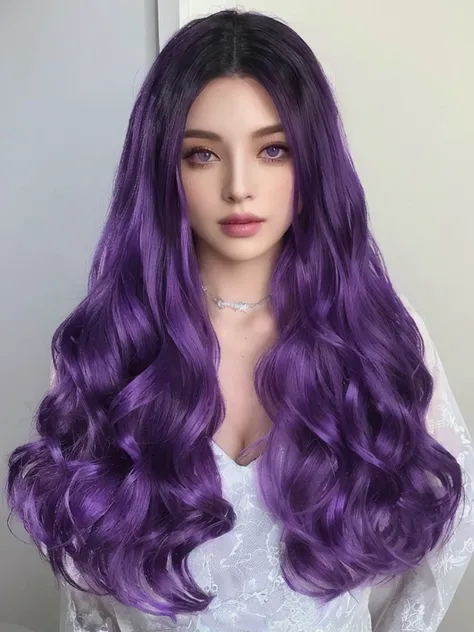 a woman with long purple hair wearing a white dress, long wavy purple hair, long purple hair, violet long hair, long violet hair, purple long hair, long dark purple hair, purple flowing hair, flowing purple hair, deep purple hair, purple color, violet colo...