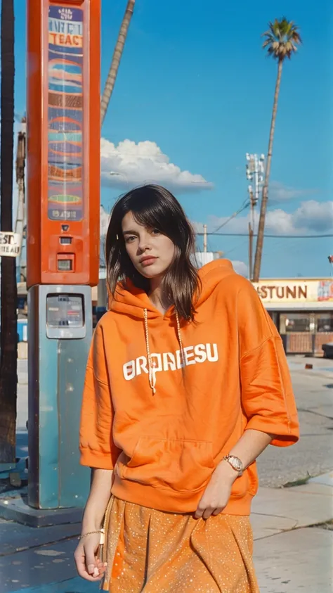 long shot portrait of cute 23 yo girl ,wear ((orange color oversized_hoodie)), wear ((purple tennis skirt)),looking front,Best Quality,Masterpiece,Ultra High Resolution,(Realisticity:1.4),Original Photo, 1Girl, light leak,ultra high resolution,UHD,beautifu...