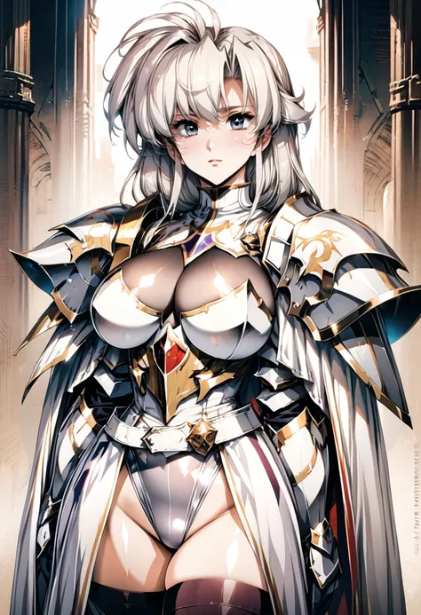 ((highest quality)), ((masterpiece)), ((hyperrealistic)), (detailed background), 1girl, ((curvy: 1.2)), Langrisser, ((silver lamé leotard: 1.5)), ((catsuit)), ((white paladin armor: 1.3)), ((long skirt)), ((armored dress)), cloak de cour, gauntlet, gloves,...