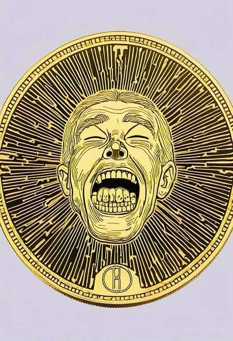 low quality、Line art、（One coin）、The coin has a mouth、Teeth are visible、gold、Logo、central、big、Background is white