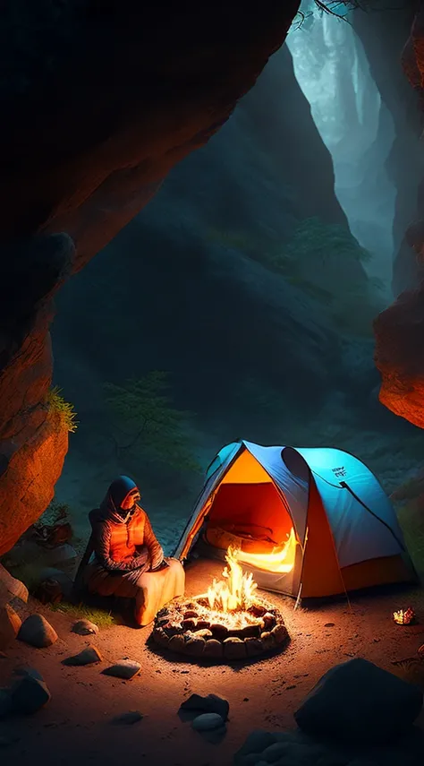 A campsite within a hidden cave, complete with torches and supplies