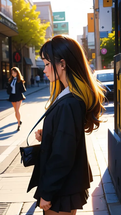 Walking around town,Sleeping while walking,beautiful girl,Side view, UHD Portrait, (high quality) (Super detailed) ,Female High School Students,uniform, colorful, Long hair in color 🌈