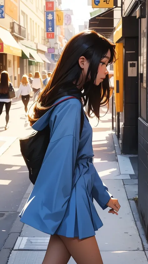 Walking around town,Sleeping while walking,beautiful girl,Side view, UHD Portrait, (high quality) (Super detailed) ,Female High School Students,uniform, colorful, Long hair in color 🌈