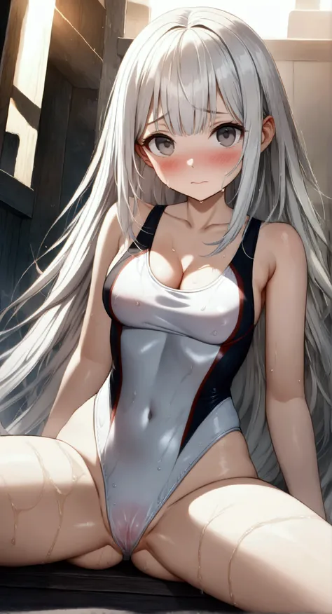 ((32k)), ((best quality)), ((ultra high res)), ((HDR)), ((UHD)), ((extremely detailed CG)), ((unity 32k wallpaper)), (1girl), ((14 years old)), (ideal ratio body proportions), very long hair, looking at viewer, blush, embarrassed, bangs, ((cleavage)), (((w...