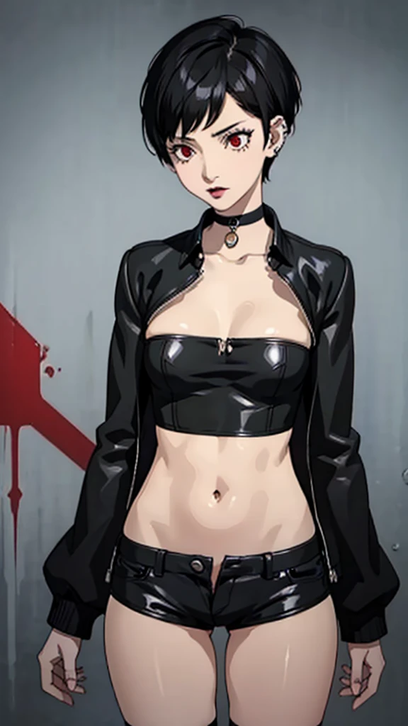 1girl, serious face, red eyes, tomboy Pixie haircut, very Short hair, black hair, black choker, white micro top bandeau, belly, medium breast, extreme micro shorts, stockings, black lipstick, black lipstick ear piercings, cowboy shot